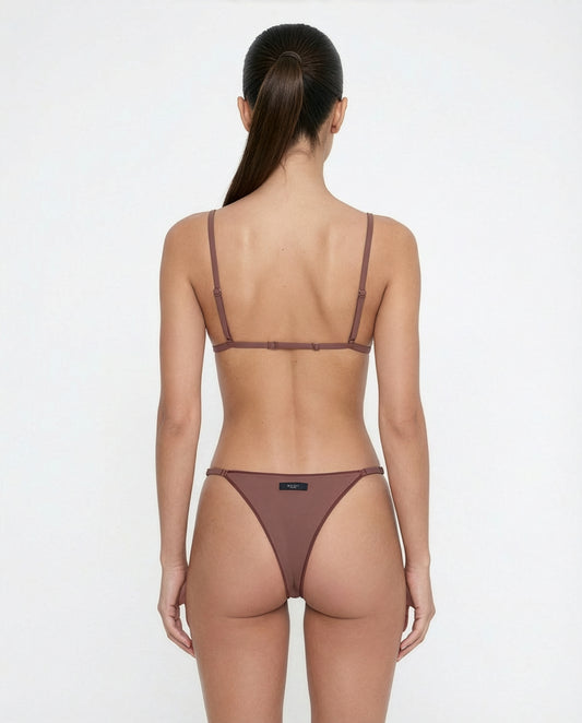 Chocolate Brown Sara Brazilian Bikini Bottom Lorene Triangle Bikini Top back view